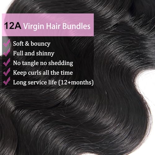 12A Human Hair Bundles Body Wave Bundles Human Hair 3 Bundles 20 22 24 Inch 100% Unprocessed Brazilian Virgin Hair 100g/Bundle Real Human Hair Extensions Natural Black