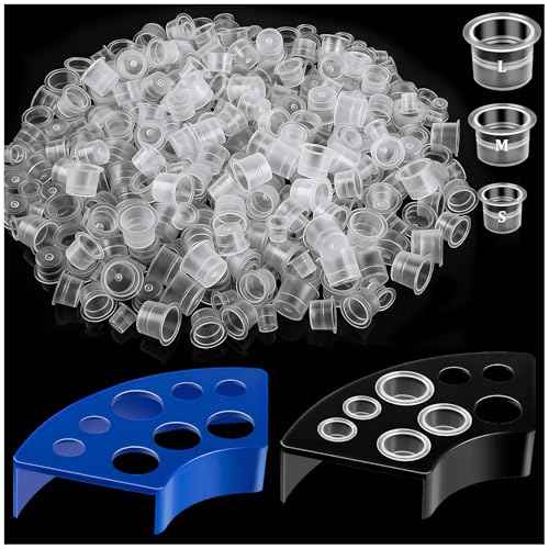 Tattoo Ink Caps Kit, 500 PCS SML Mixed Size Tattoo Ink Cups with 2 Ink Cap Holders, Disposable Plastic Pigment Caps for Tattooing Set Tatoo Supplies Accessories