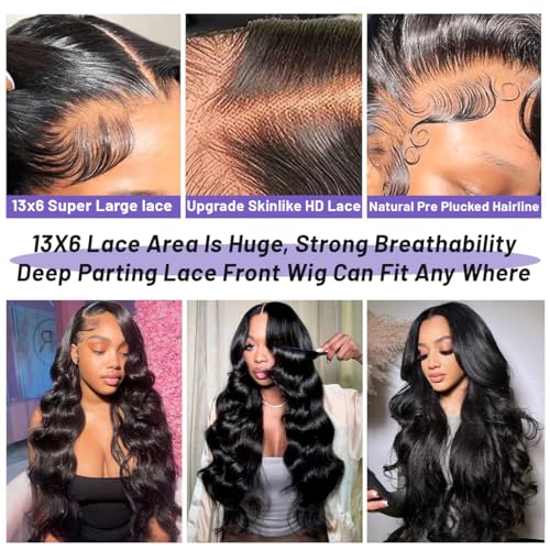 13x6 HD Lace Front Wigs Human Hair 22 inch Body Wave Frontal Wigs Human Hair 210% Density Body Wave Human Hair Wig for Women Pre Plucked Bleached Knots with Baby Hair Natural Black