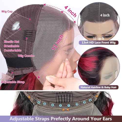 Goldfinch Highlight Red Lace Front Wig Human Hair Body Wave 13x4 HD Lace Ombre Hot Red Wigs Human Hair For Women Pre Plucked Red and Black Color Glueless Wig 150% Density 22 Inch
