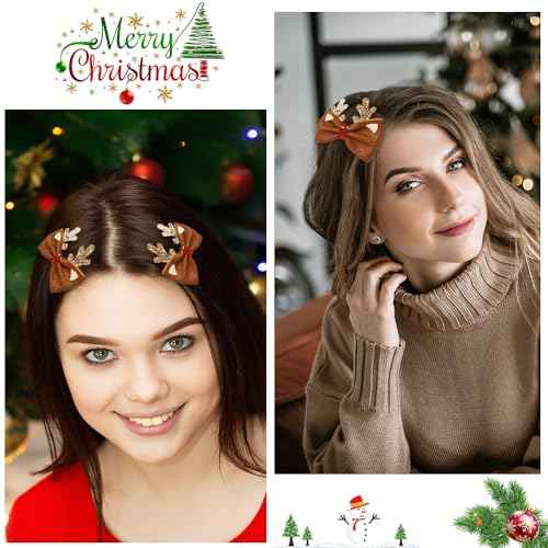Christmas Hair Clip Brown Bow Antlers Hairpin Glitter Design Cute Hair Accessories for Women Girls Xmas Party Gifts 2Pcs