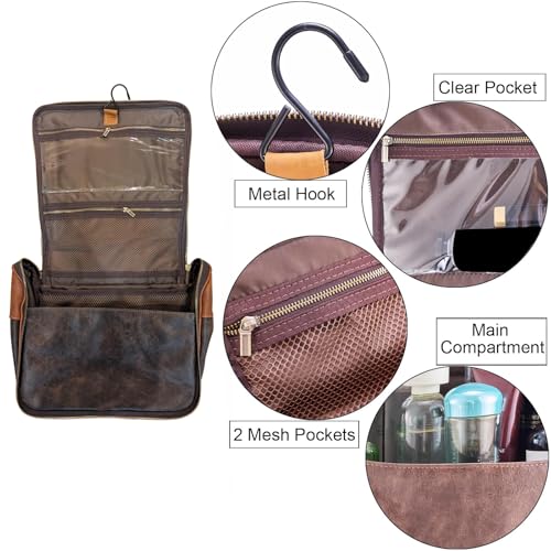 EURYNOME Hanging Toiletry Bag for Women and Men, Large PU Leather Toiletries Organizer, Water-resistant Bathroom Shaving Kit for Cosmetics, Makeup Case