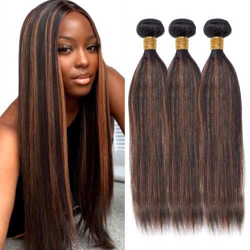 Ombre Light Brown Bundles P1B/30 Two Tone Straight Bundles Human Hair Highlight Black and Light Brown Track Mix Double Weft Brazilian Human Hair Extensions 18 20 22 Inch