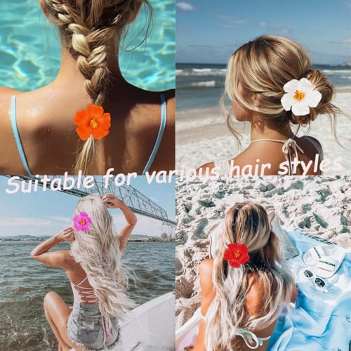 4Pcs Hawaiian Flower Hair Clips for Women Plumeria Hair Accessories Summer Beach Flat Hair Clips Alligator Clips Hibiscus Flowers Hair Barrettes for Wedding Holiday Beach Hair Styling Decoration