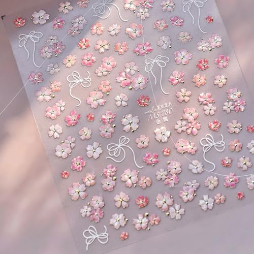 5D Embossed Pink Flower Nail Stickers Self-Adhesive Spring Summer Nail Art Stickers White Bow with Cherry Blossoms Gold Glitter Design Nail Art Supplies Floral Nail Decals for Women Acrylic Nails