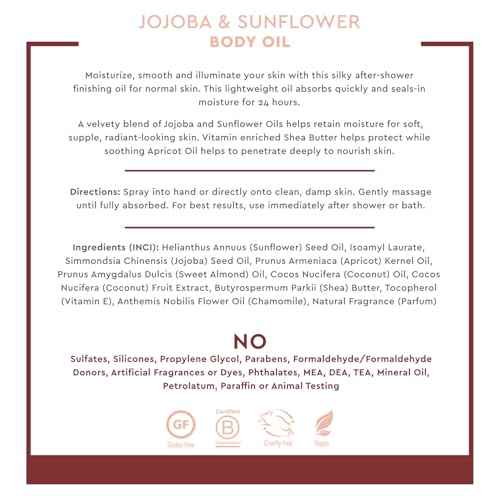 Desert Essence, Jojoba & Sunflower Body Oil Spray, 8.28 fl. oz. - Gluten-Free, Vegan, Cruelty Free - 24hour Moisture, Soothes Skin, Perfect for Sensitive Skin, Illuminating Body Spray