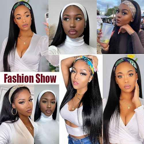 Headband Wig Human Hair Straight 18 inch None Lace Front Human Hair Wigs Machine Made Glueless Straight Headband Half Wigs for Black Women Natural Color