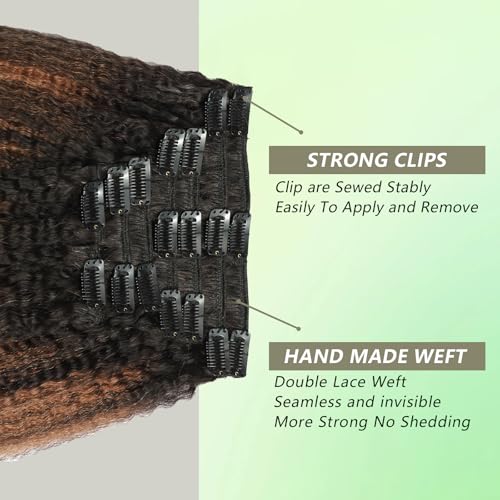 Yaki Straight Clip in Hair Extensions 24 Inch Real Remy Human Hair Rooted Black Fading to Natural Black #1B Mixed With Light Auburn #30 Yaki Clip ins Yaki Straight Hair for Black Women 8Pcs 120G