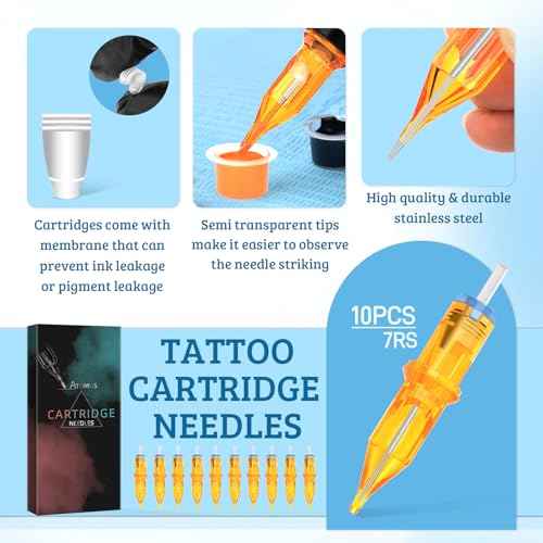 Tattoo Cartridge Needles, ATOMUS 10pcs 3RS 5RS 7RS 9RS Round Shader Disposable Tattoo Needle for Pen Rotary Machine Tattoo Supplies (Yellow 7RS 10pcs)