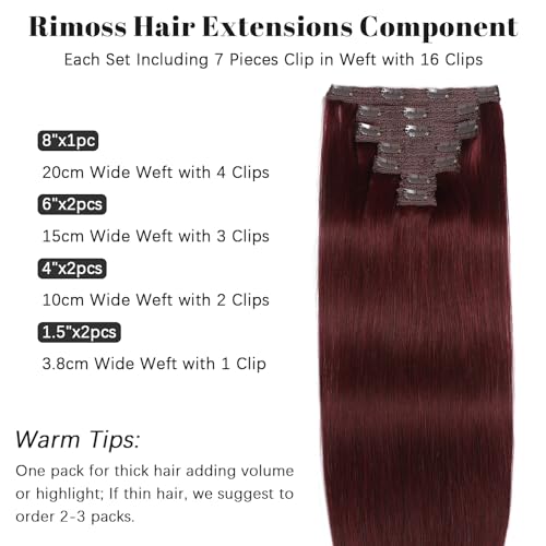Clip in Hair Extensions Real Human Hair - Burgundy Red Color, 24 Inch 7pcs - Soft Remy Human Hair Clip in Hair Extensions Straight for Women (#99J 24 Inch)