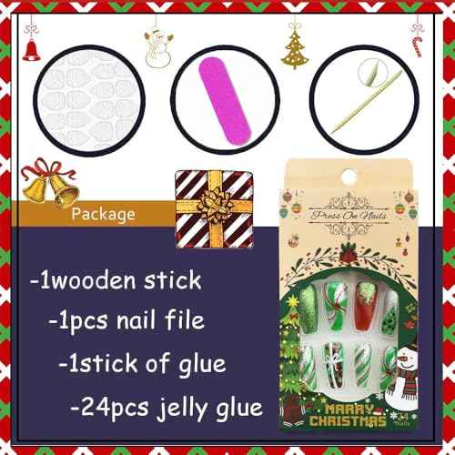 Christmas Press on Nails Medium Coffin Fake Nails with Christmas Tree Gift Knots Designs Glitter Glue on Nails Xmas Design Green and Red Stripes Full Cover False Nails Artificial Acrylic Nails 24pcs