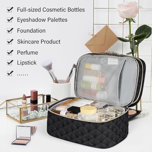 IGOLUMON Travel Makeup Bag Double Layer Make Up Bag Portable Large Cosmetic Bag Wide-open Toiletry Bag for Women Roomy Cosmetic Case Pouch Multifunction Organizer Storage Bag, Black