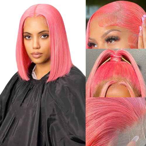 Pink Bob Wig Human Hair 10 Inch 13x4 Cotton Candy Pink Straight HD Lace Frontal Wig Human Hair Pre Plucked with Baby Hair Bubblegum Lace Closure Human Hair Wig 150 Density for Women