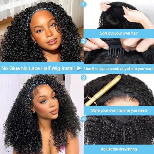 Kinky Curly Half Wigs 100% Human Hair 180 Density 3 In 1 Seamless Flip Over Half Wigs Kinky Burmese Curly Deep Water Wave Glueless Wear and Go Wig Drawstring Headband Ponytail Wig for Women 16 Inch