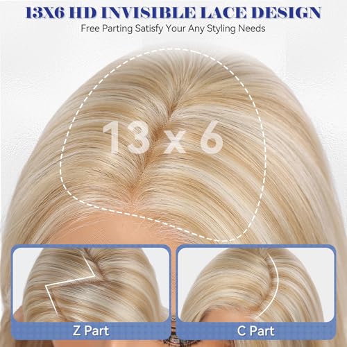 HAIRCUBE 13X6 HD Synthetic Lace Front Glueless Wig, 24 Inch Blonde Highlight Layered Wig, Natural Density Hairline Human-Like Wigs for Women