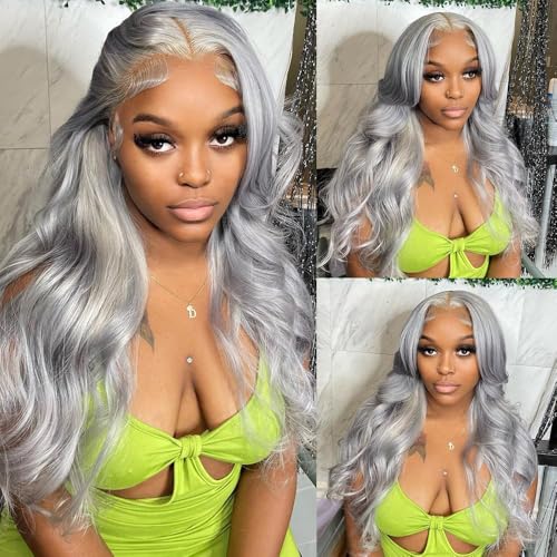 Munx Lace Front Wig Human Hair 180% Density Silver Grey Body Wave Lace Front Wigs Pre Plucked HD Transparent Colored Lace Front Wigs 100% Real Human Hair 24 Inch