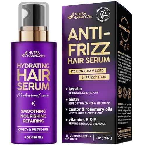 NUTRAHARMONY Hydrating Hair Serum ? Keratin Hair Treatment for Dry, Frizzy, Damaged Hair ? Biotin, Castor & Rosemary Oils ? Anti?Frizz, Heat Protectant & Split Ends Repair for Smooth, Shiny Hair, 5oz
