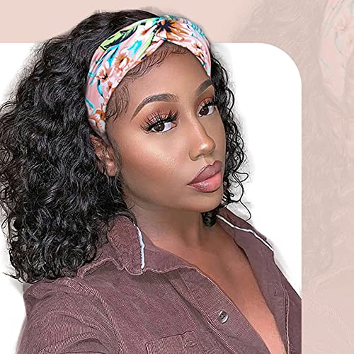 Water Wave Headband Wig Human Hair for Black Women - 20 Inch Brazilian Virgin Hair Glueless None Lace Front Wig - Natural Black 150% Density