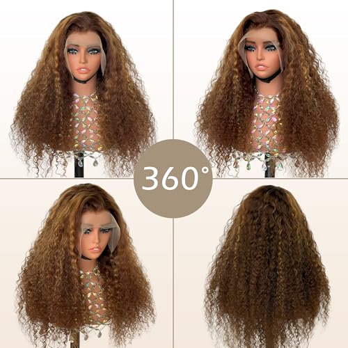 Highlight Ombre Deep Curly Lace Front Wigs Human Hair Pre Plucked 180% Density Honey Blonde Jerry Curly Wig Human Hair 13x6 HD Transparent Lace Frontal Wigs Human Hair for Women 20Inch