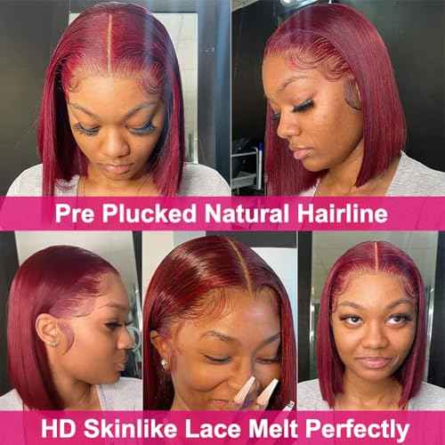 Flady 99j Burgundy Bob Wig Human Hair 13x4 Bob Lace Front Wigs Human Hair Pre Plucked 150% Densiy HD Transparent Lace Frontal Wigs Human Hair for Women Glueless Short Bob Wigs 10 inch
