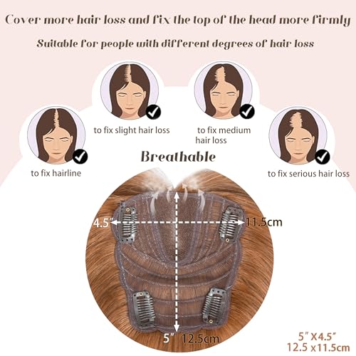 viviaBella Human Hair Hand-tied Swiss Lace BaseToppers Natural Looking no Bangs, Clip in Real Human Hair Toupee for Women with Thinning Hair Big Coverage 12inch hairpieces(Copper Red, 5"X4.5")
