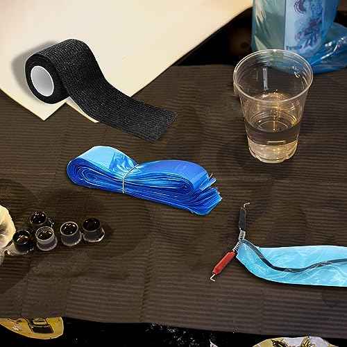 Clip Cord Covers with Tattoo Grip Tapes - 125pcs Clip Cord Sleeves and 6pcs Grips Tapes Blue PlasticTattoo Bags with Black Self-Adhesive Bandages Cover