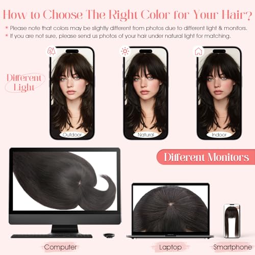 Hairro Mono Hair Toppers with Bangs, 3.4" x 3.4" Mono Base 100% Real Human Hairpieces for Women, 150% Density Clips In Topper for Greyish Thinning Hair, 14 Inch Blondish Brown