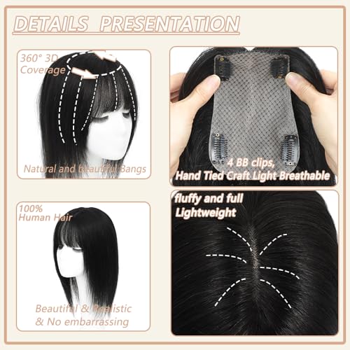 Hair Toppers for Women Real Human Hair,360¡Æ3D Big Basement Cover Topper for Women with Thinning Crown with Wispy Clip in Bangs Realistic Scalp (1B, 3D Wispy Bangs 18INCH)