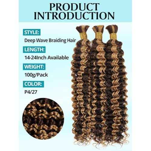 100g 3 Bundles/Pack Ombre Highlight Human Braiding Hair for Boho Braids 20 Inch Curly Boho Hair for Braiding Knotless 12A Deep Wave Bulk Bohemian Color P4/27