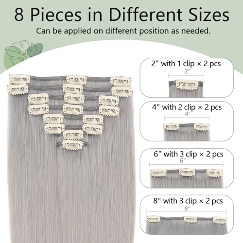 Clip in Hair Extensions Human Hair S-noilite Gray Human Hair Short Hair Clip in Extensions Full Head 8 Pieces/18 Clips 100% Real Human Hair Silky Straight 16"-90g Light Gray (#G1)