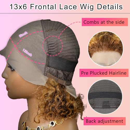 Bob Wig Human Hair Highlight Ombre 13x6 Frontal Lace Wig Deep Curly Virgin Human Hair Wig Pre Plucked HD Transparent Lace Frontal Wigs for Women 14 Inch