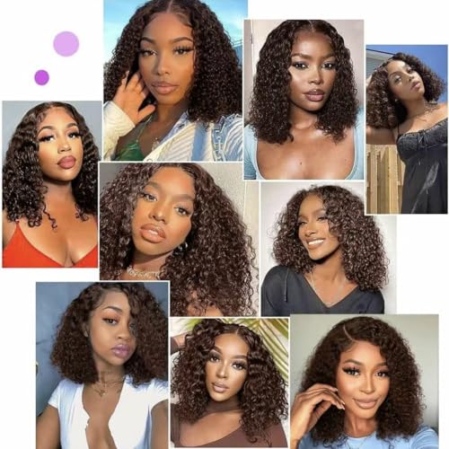 14 Inch 13x4 Chocolate Brown Lace Front Wigs Human Hair HD 4# Colored Kinky Curly Bob Dark Brown Wig Human Hair Pre Plucked for Black Women 180% Density