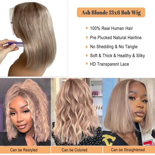 Munx 3x6 HD Lace Front Wigs 100% Human Hair Ash Blonde Bob Wig Pre Plucked 180% Density Glueless Transparent Lace Front Wig for Black Women with Baby Hair 14in Bleached Knots