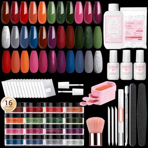 AZUREBEAUTY 130 Pcs Dip Powder Nail Kit ,16 Colors Brown Purple Green with Top/Base Coat Professional Glitter or DIY Salon Gifts