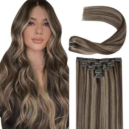 Remy Hair Extensions Clip in Human hair Chocolate Brown To Caramel Blonde Brazilian Clip on Real Human Hair Extensions Natural Straight Clip ins Hair for Women 16 Inch 60G 5 PCS Invisible Double Weft