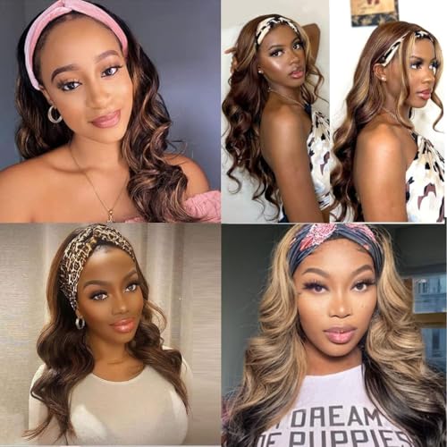 Ombre Headband Wig Human Hair #4/27 Highlight Body Wave Headband Wig Glueless None Lace Front Wig Brazilian Virgin Human Hair Wigs for Black Women Wear andGo Wig 180% Density 20 inch