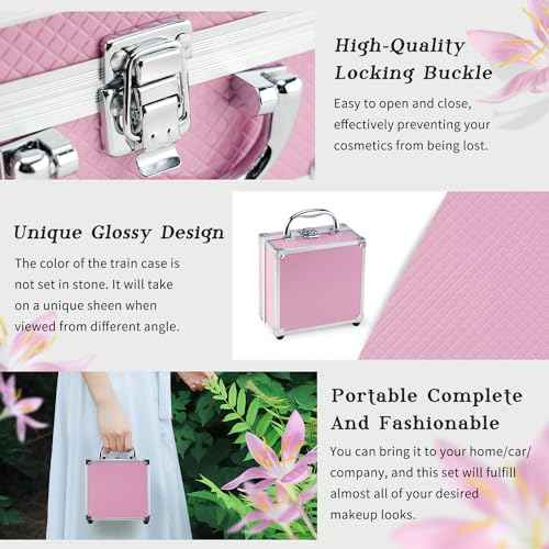 Color Nymph Beginner Makeup Kit For Teens With The Small Cosmetic Train Case Included 24-Colors Eyeshadow Palette Blushes Bronzer Highlighter Lipstick Brushes Mirror(Pink)