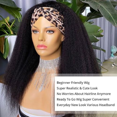 Headband Wig Human Hair Kinky Straight 20 Inch Glueless None Lace Front Wigs for Black Women Headband Half Wigs 180% Density Natural Color
