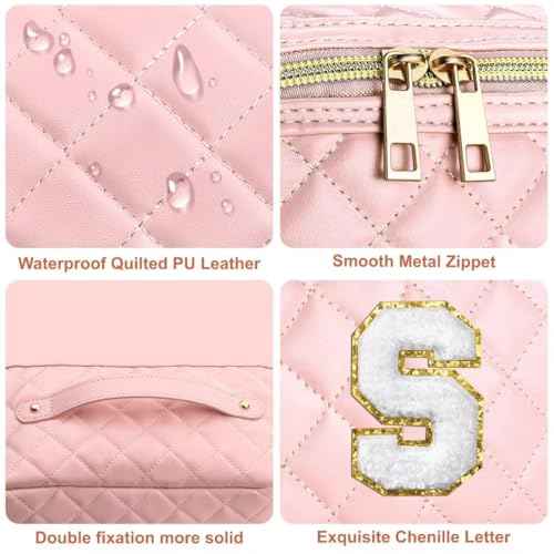 TOPEAST Travel Makeup Bag, Large Capacity Initial Cosmetic Bags for Women, Waterproof Portable Pouch Open Flat Toiletry Bag Quilted Make up Organizer with Divider Handle, Birthday Gift for Women, T