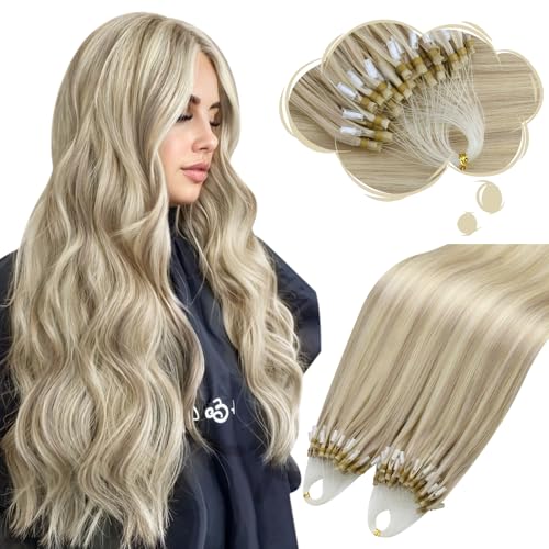 Moresoo Micro Loop Hair Extensions Real Human Hair Ash Blonde with Bleach Blonde Microbead Hair Extensions Human Hair Long Straight 50G/50S 20 Inch