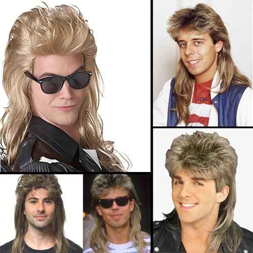 Mullet Wig Blonde 80s Men Wig,Punk Rocker Hair Party Daily Halloween Costumes Long Wigs