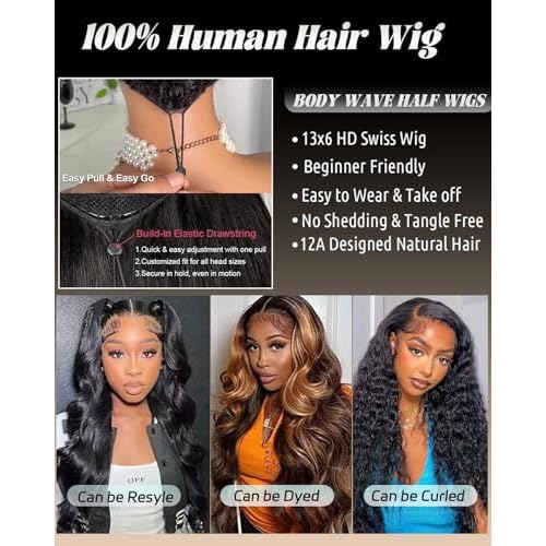 Sherico Body Wave Lace Front Wigs Human Hair Pull Go 13x6 HD Transparent Invisible Drawstring Snug Fit Glueless Curly Human Hair Wig for Women Pre Plucked Bleached Knots with Baby Hair 20 inch