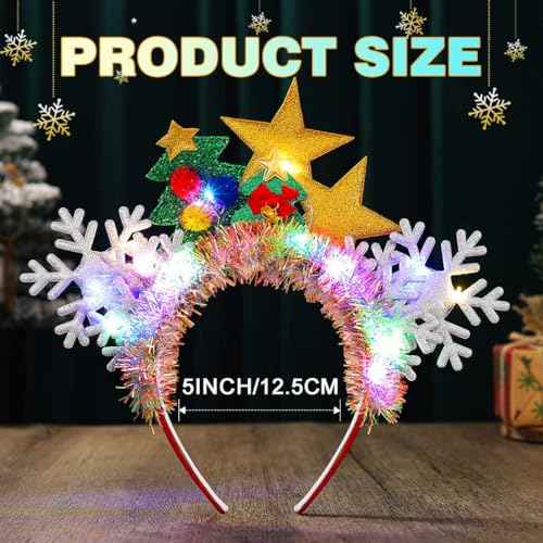 JEAIRTS Light Up Christmas Snowflake Headbands Led Christmas Tree Hair Band Light Up Star Xmas Headpiece Glowing Holiday Hair Accessories for Women