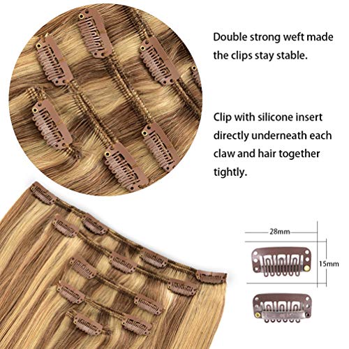 5 Pieces 18" Remy Clip in Ombre Hair Extensions Human Hair Light Blonde Mixed Golden Blond Highlights - Silky Straight Long Thick Real Hair Extensions for Women Fashion (18 inches, #16/22, 90grams)