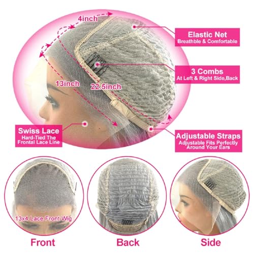 200% Density Silver Grey Lace Front Wigs Human Hair For Women No Mixed Fiber Double Drawn Straight Virgin Hair Wig 13x4 UHD Lace Frontal Wig Brazilian Hair 18 Inches