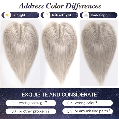 starluck Real Human Hair Toppers for Women 10 Inch Human Hair Topper no Bangs, 3 * 4.5 inches Swiss Base Suitable for ThinningHair Cover Grey Roots(Mixed Silver Grey)