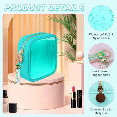 Mini Makeup Bag Pouch for Women And Girls, Clear PVC & Nylon Bag with Zipper, Waterproof Preppy Toiletry Bag Cute (Green)