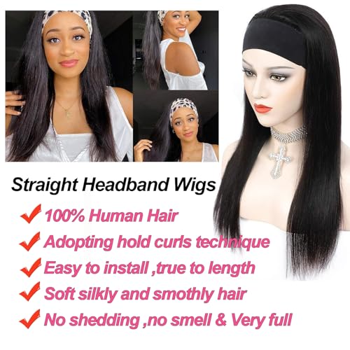 22 Inch Headband Wigs for Black Women Straight Headband Bob Wigs Glueless Black Straight Wig 180% Density No Lace Headband Wig Natural Color Glueless None Lace Front Human Hair