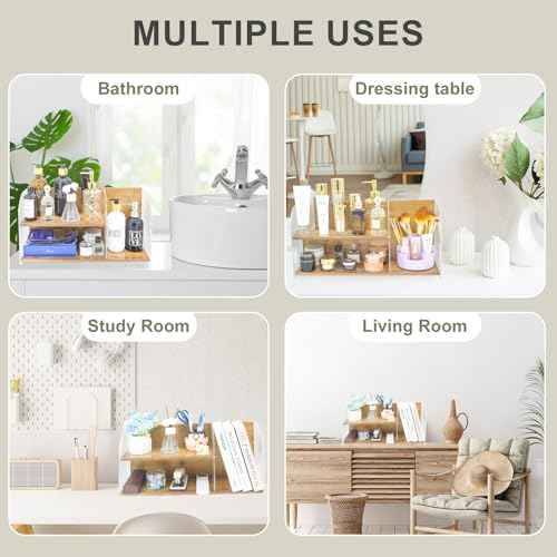 2-Tier Acrylic Makeup Organizer & Skincare Storage Cabinet Countertop Bamboo Desktop Organizer for Cosmetics, Skincare, and Essentials -Brown