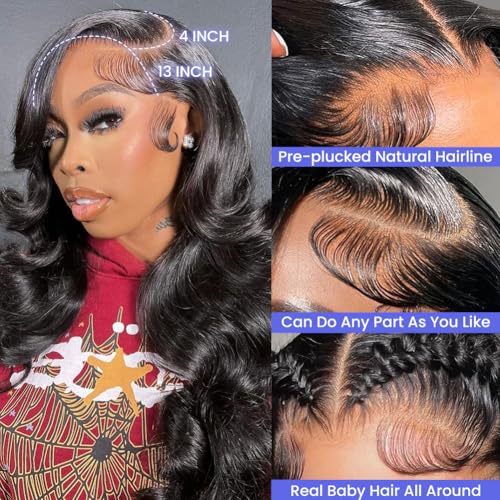 13x4 Body Wave Lace Front Wigs Human Hair For Women HD Transparent Lace Frontal Wigs Human Hair Pre Plucked With Baby Hair 180% Density 9A Glueless Natural Black 22 inch